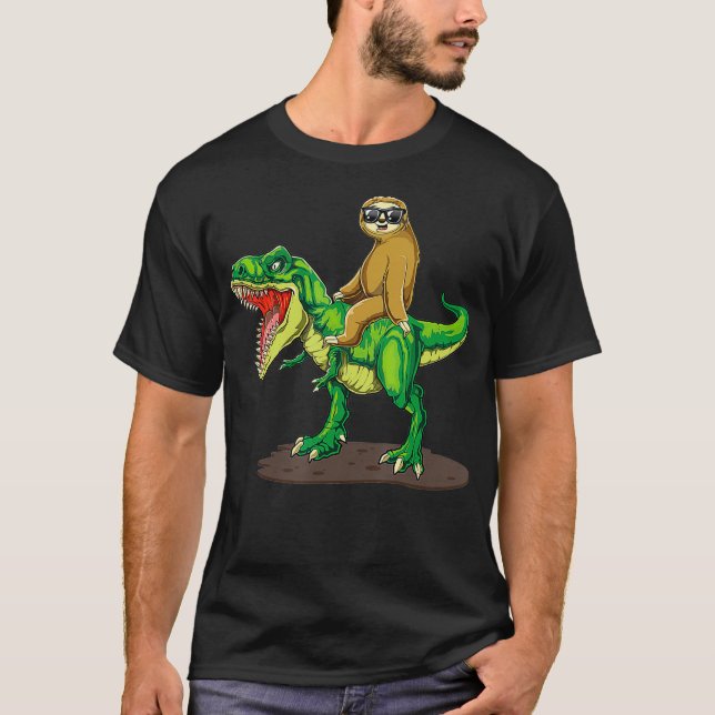 Sloth with sunglasses riding T rex dinosaur  T-Shirt (Front)