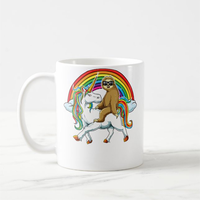 Sloth With Sunglasses Riding Unicorn Funny Magical Coffee Mug (Left)