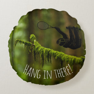 Sloth with Tennis Racquet in the Rainforest Round Cushion