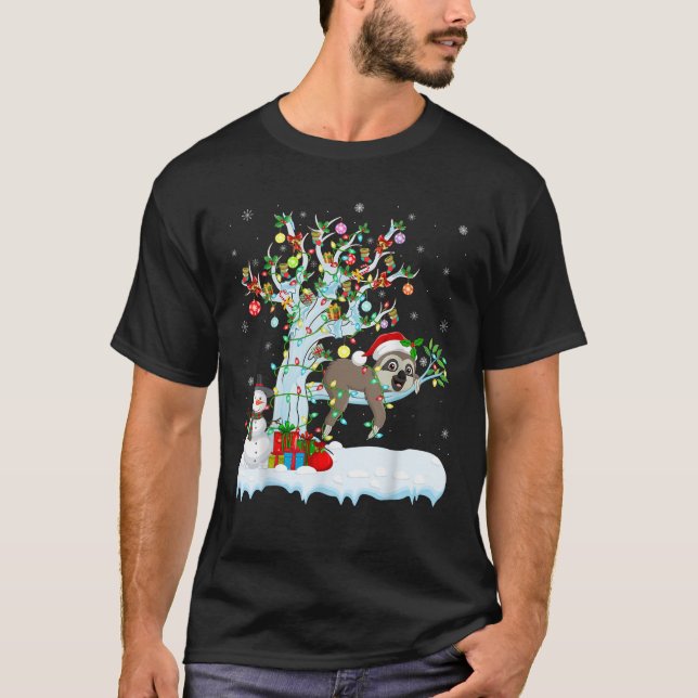 Sloth Xmas Lighting Tree Santa Hat Sloth Christmas T-Shirt (Front)