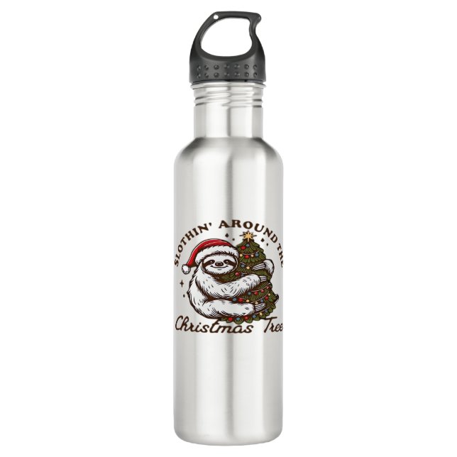Slothin Around the Christmas Tree, Funny Christmas 710 Ml Water Bottle (Front)