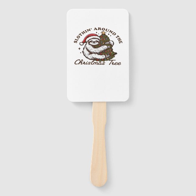 Slothin Around the Christmas Tree, Funny Christmas Hand Fan (Front)