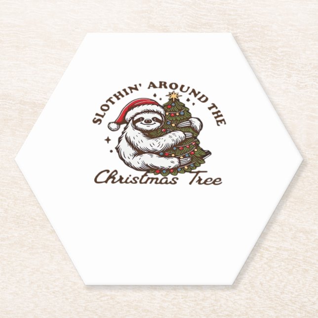 Slothin Around the Christmas Tree, Funny Christmas Paper Coaster (Front)