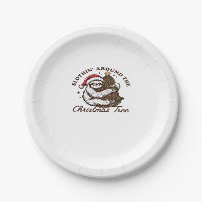 Slothin Around the Christmas Tree, Funny Christmas Paper Plate (Front)
