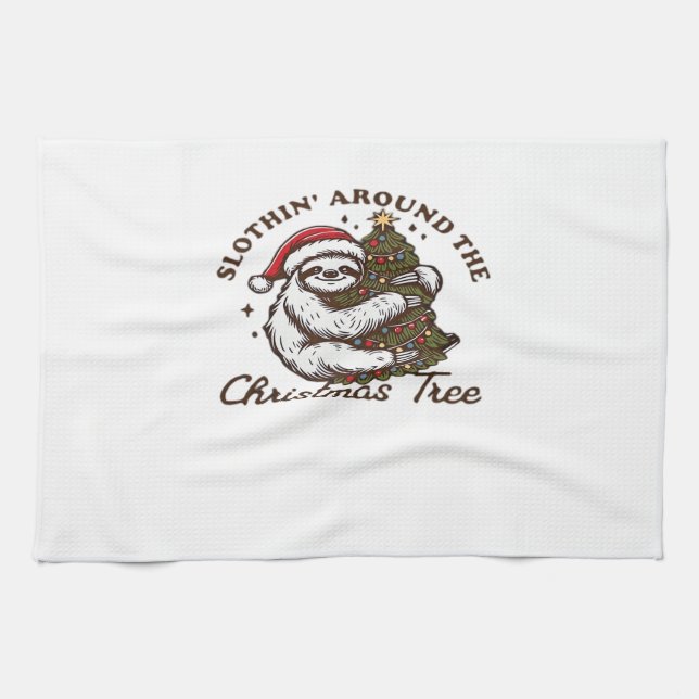 Slothin Around the Christmas Tree, Funny Christmas Tea Towel (Horizontal)