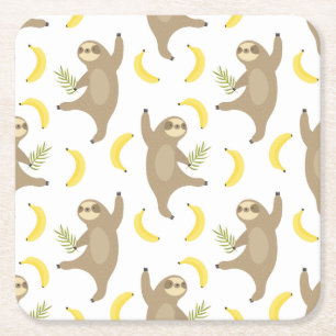 Sloths & Bananas Pattern Square Paper Coaster