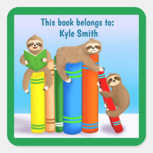 Sloth's Reading Books Personalised Bookplate Square Sticker