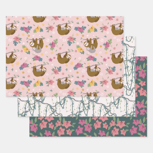 Sloths Tropical Flowers Wrapping Paper Sheet (Set)