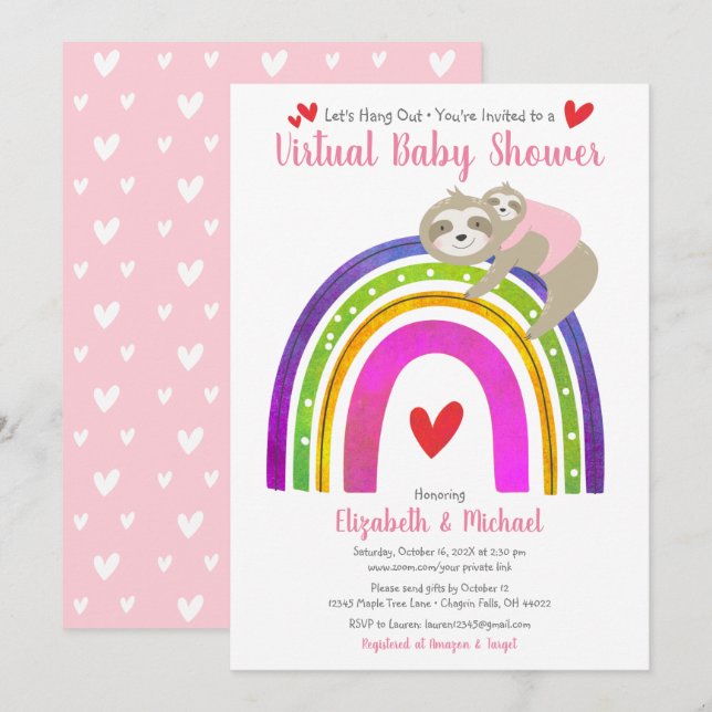 Sloths Virtual Girl Baby Shower Cute Boho Rainbow Invitation (Front/Back)