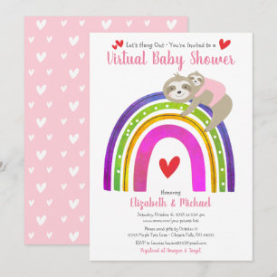 Sloths Virtual Girl Baby Shower Cute Boho Rainbow Invitation