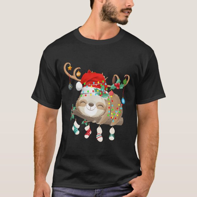 Sloths Xmas Gift Lighting Reindeer Santa Hat Sloth T-Shirt (Front)