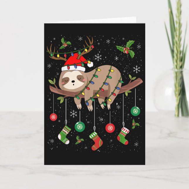 Sloths Xmas Lighting Reindeer Santa Hat Sloth Chri Card (Front)