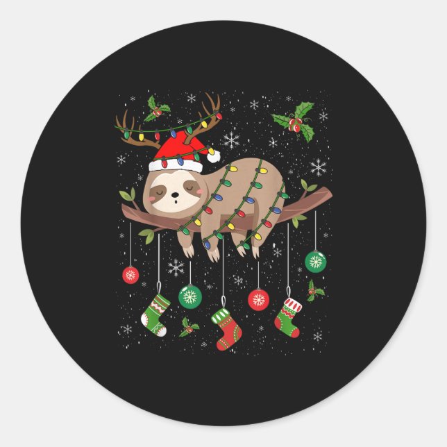 Sloths Xmas Lighting Reindeer Santa Hat Sloth Chri Classic Round Sticker (Front)