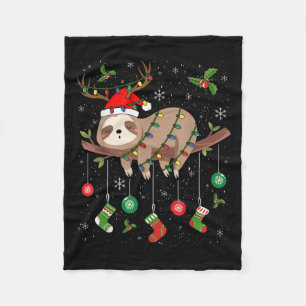Sloths Xmas Lighting Reindeer Santa Hat Sloth Chri Fleece Blanket