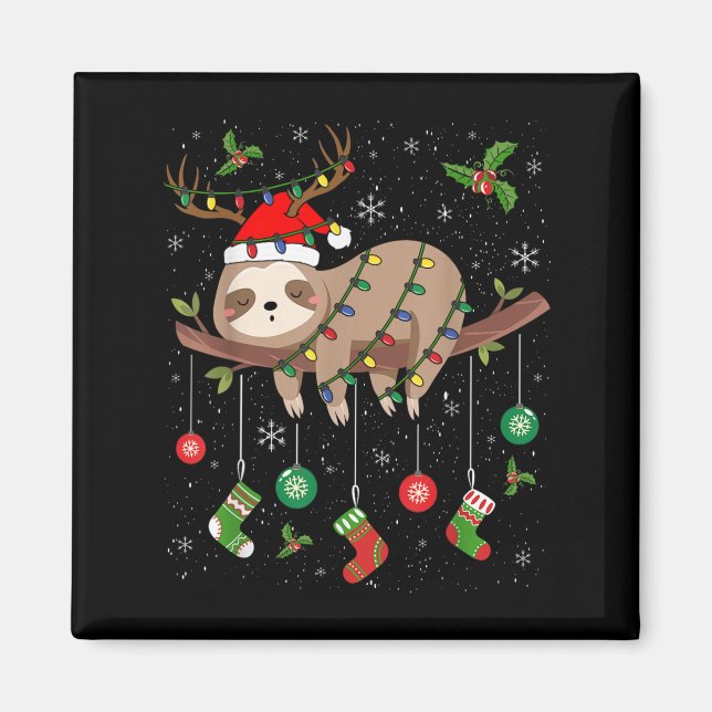Sloths Xmas Lighting Reindeer Santa Hat Sloth Chri Magnet (Front)