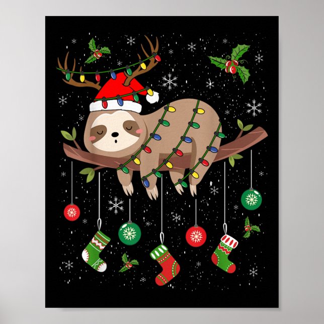 Sloths Xmas Lighting Reindeer Santa Hat Sloth Chri Poster (Front)