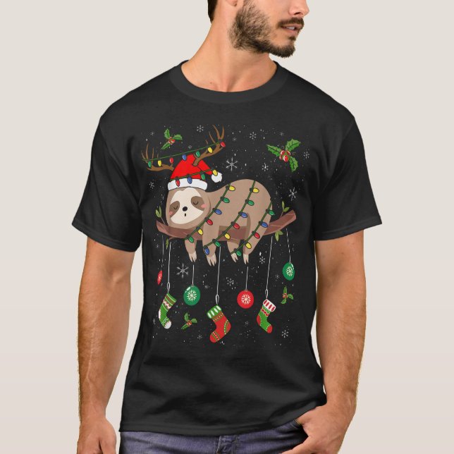 Sloths Xmas Lighting Reindeer Santa Hat Sloth  T-Shirt (Front)
