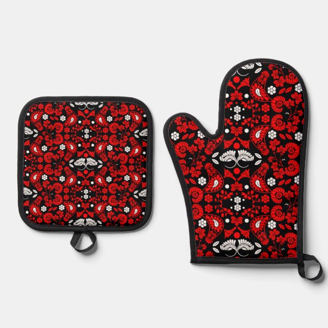Slovak Country Folk Art Oven Mitt & Pot Holder Set (Front)