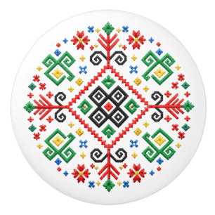 Slovakian Čičmany Stitched Folk Art Ceramic Knob