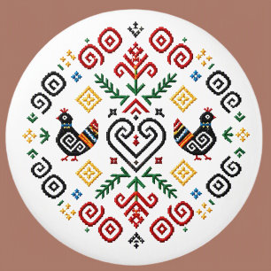 Slovakian Detva Chicken Folk Art Ceramic Knob
