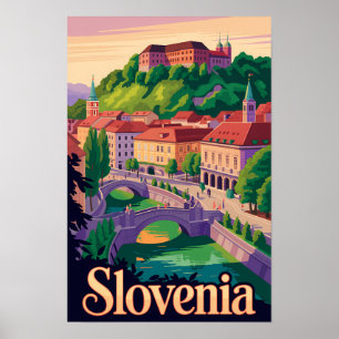 Slovenia Ljubljana Bridge Illustration Travel Art Poster