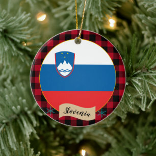 Slovenia, Red buffalo plaid & Slovenian Flag Ceramic Tree Decoration
