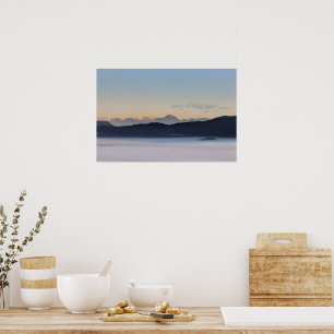 Slovenian mountains and morning fog in valley poster