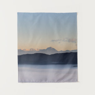 Slovenian mountains and morning fog in valley tapestry