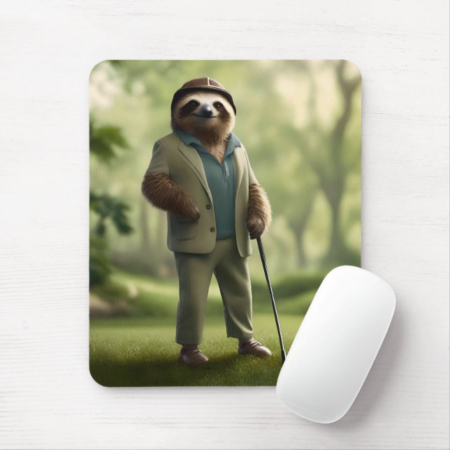 "Slow and Steady: A Sloth Dressed for Golf  Mouse Mat (With Mouse)