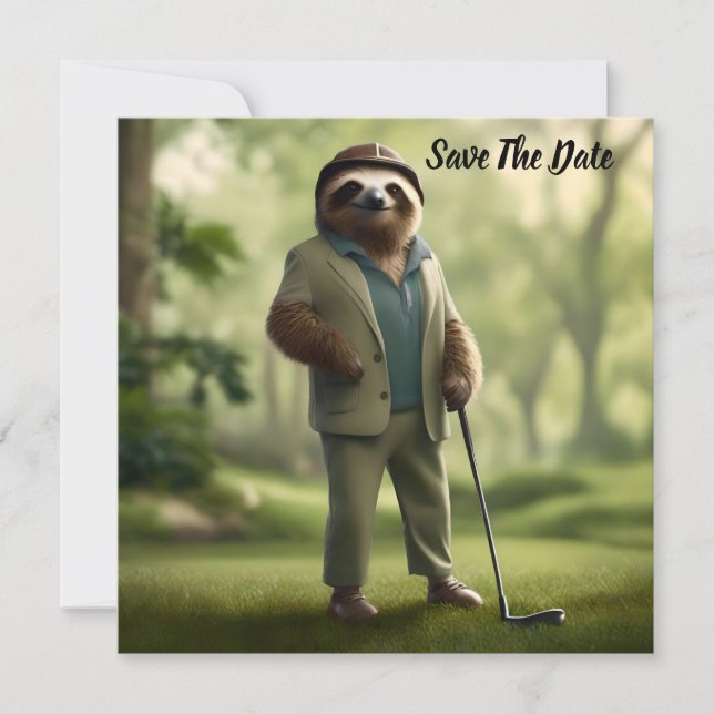 "Slow and Steady: A Sloth Is Dressed for Golf  Save The Date (Front)