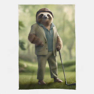 "Slow and Steady: A Sloth Is Dressed for Golf Tea Towel