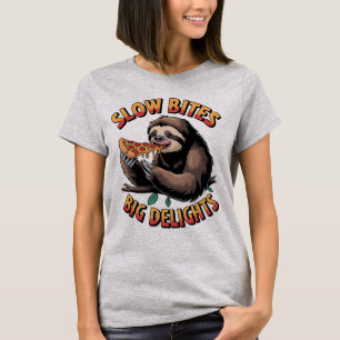 Slow Bites Big Delights, Funny Sloth Eating Pizza T-Shirt