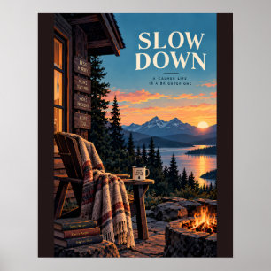 Slow Down Cosy Cabin Retreat Illustrative Art with Poster