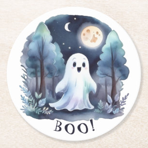 Slow Ghost in Halloween Forest Round Paper Coaster