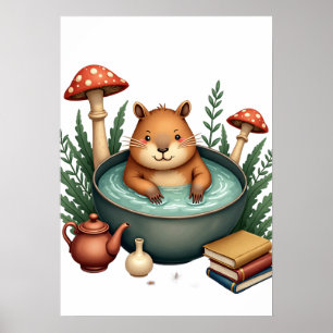 Slow Life Capybara Hot Spring Mushroom Cottagecore Poster