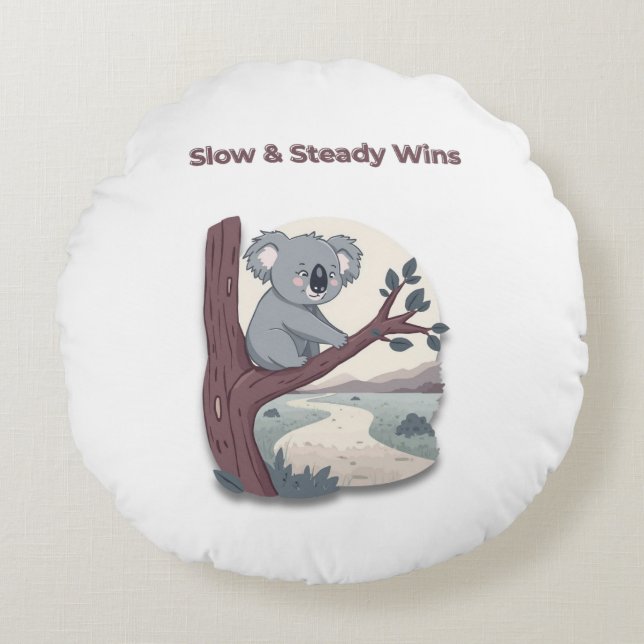 **"Slow & Steady Wins – Motivational Cute Koala "* Round Cushion (Front)