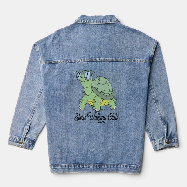 Slow Walking Club Cute Funny Turtle Denim Jacket (Back)