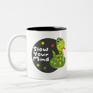 Slow your mind Kawaii funny green snake  Two-Tone Coffee Mug