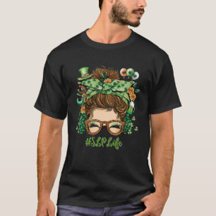 Slp Life One Lucky Teacher Messy Bun T-Shirt