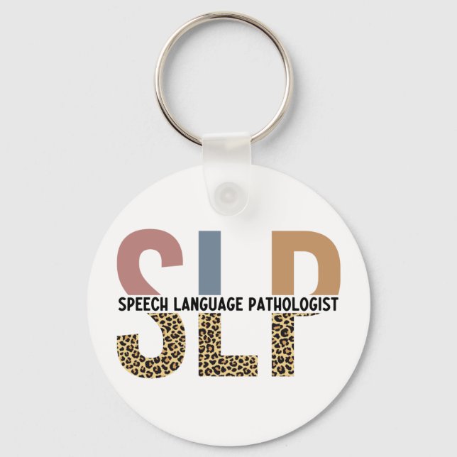 SLP Speech Pathologist Leopard Print Typography Key Ring (Front)