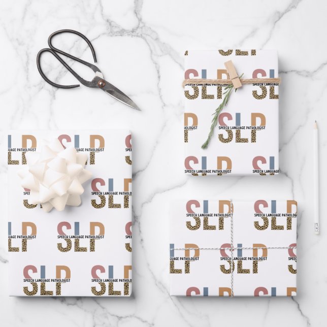 SLP Speech Pathologist Leopard Print Typography Wrapping Paper Sheet (Front)