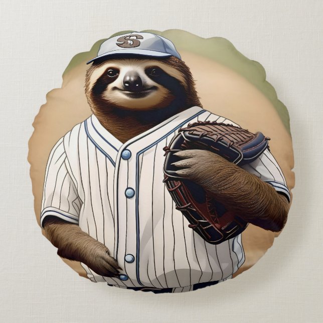 "Slugger Sloth: Slow and Steady at the Plate" Round Cushion (Front)