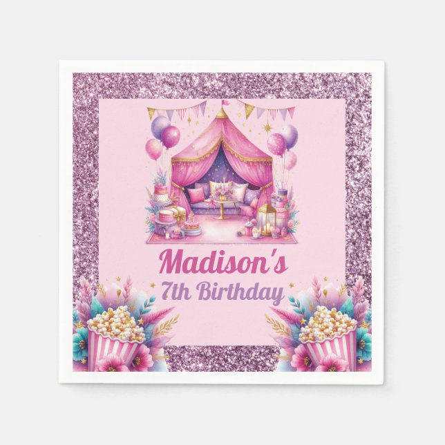 Slumber Birthday Party Custom Pink Purple glitter Napkin (Front)