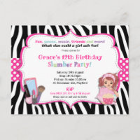 Slumber Birthday Party Zebra Print Girl Invitation
