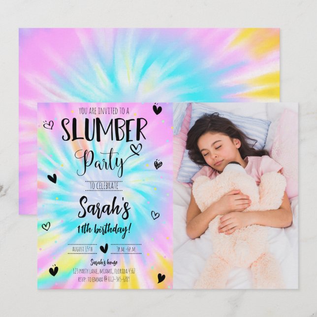 Slumber Girl Tie Dye Birthday Party Photo Invitation (Front/Back)