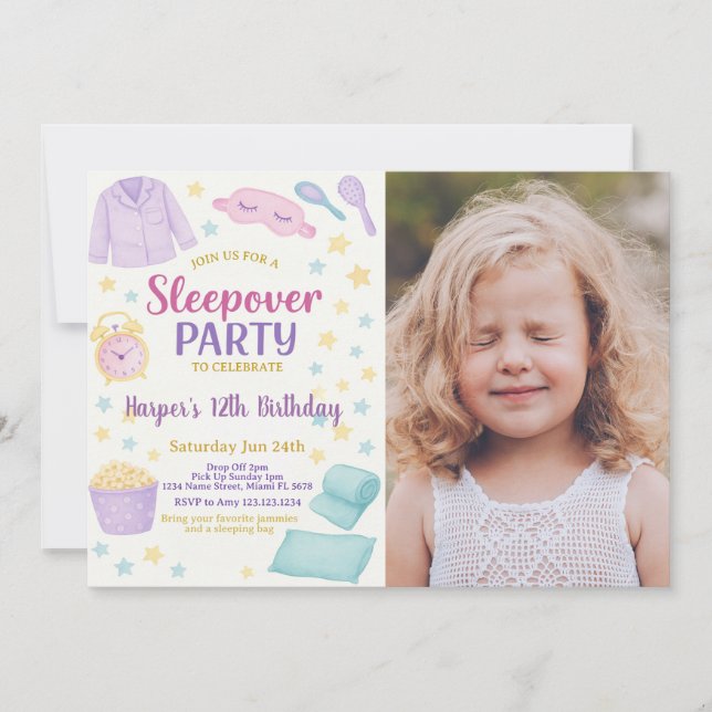 Slumber Party Birthday Invitation with photo (Front)