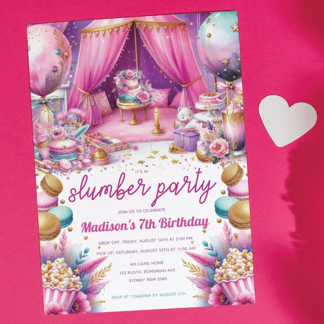 Slumber Party Birthday Pastel Pink Purple Gold Invitation (Creator Uploaded)