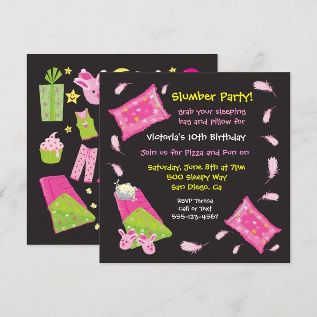 Slumber Party Pillow Fight Invitation (Front/Back)