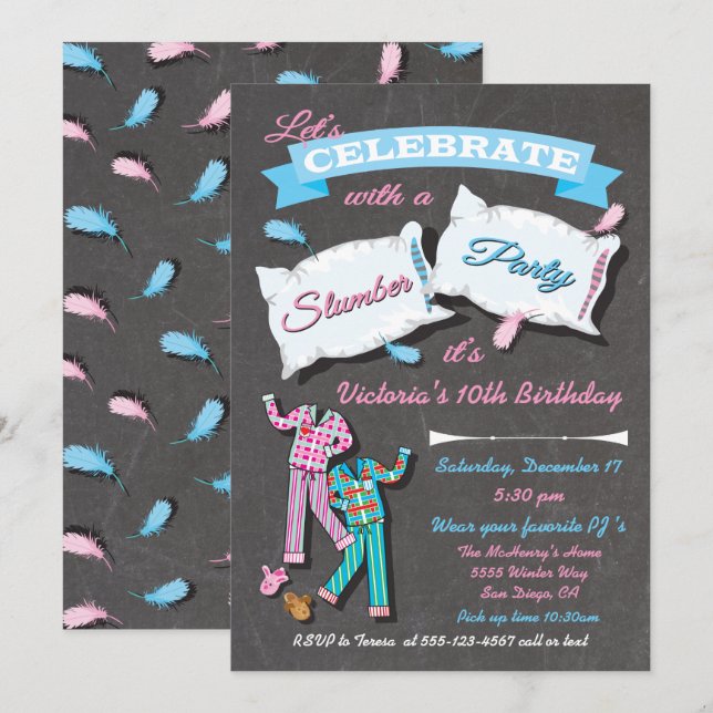 Slumber Party Pillow Fight Sleep Over party invite (Front/Back)