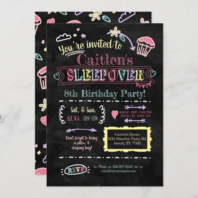 Slumber Party Sleepover Birthday Chalkboard Doodle Invitation (Front/Back)